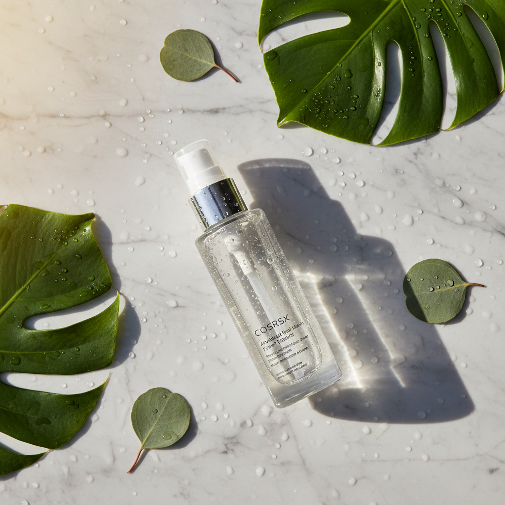 COSRX Advanced Snail 96 Mucin Power Essence lifestyle flat lay on marble with green leaves