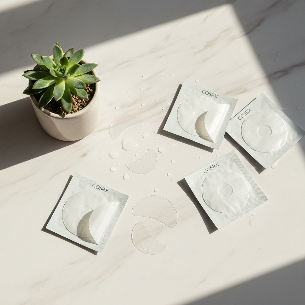 COSRX Clear Fit Master Patch lifestyle flat lay on white surface with succulent plant